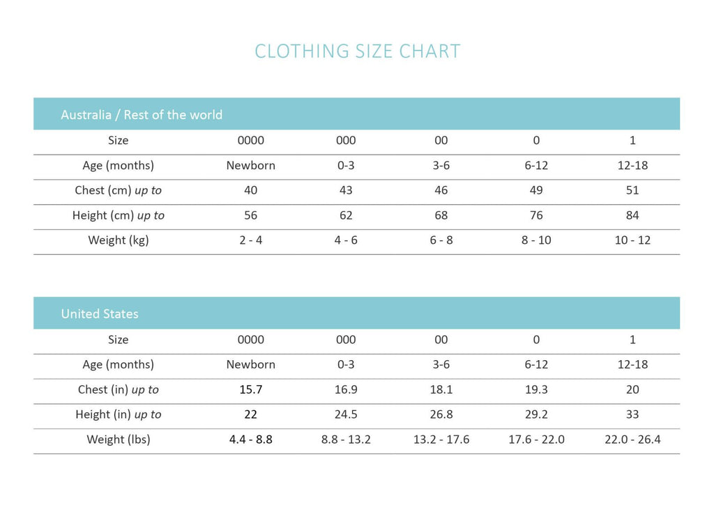 Snuggle Hunny Belle Growsuit - Size Chart
